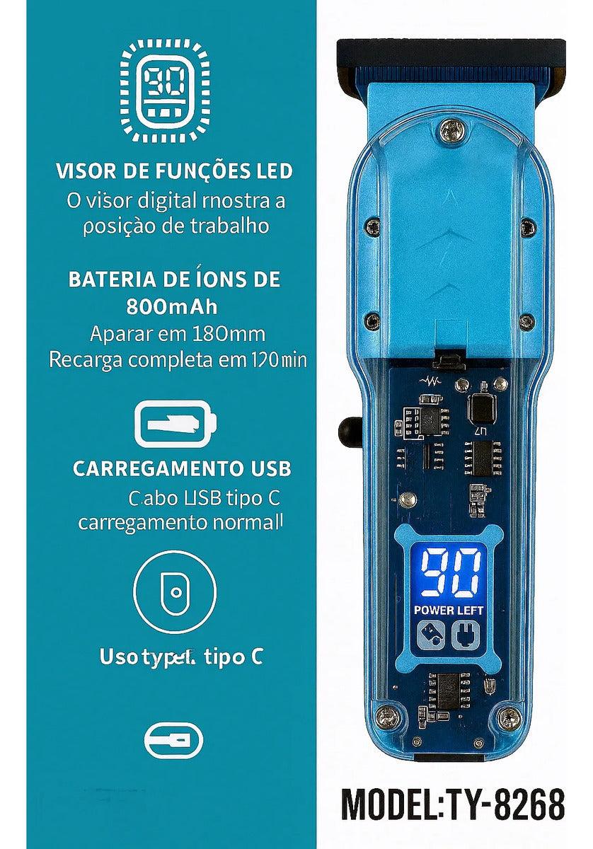 Máquina de Cortar Cabelo Transparente com Visor Digital – TY-8268